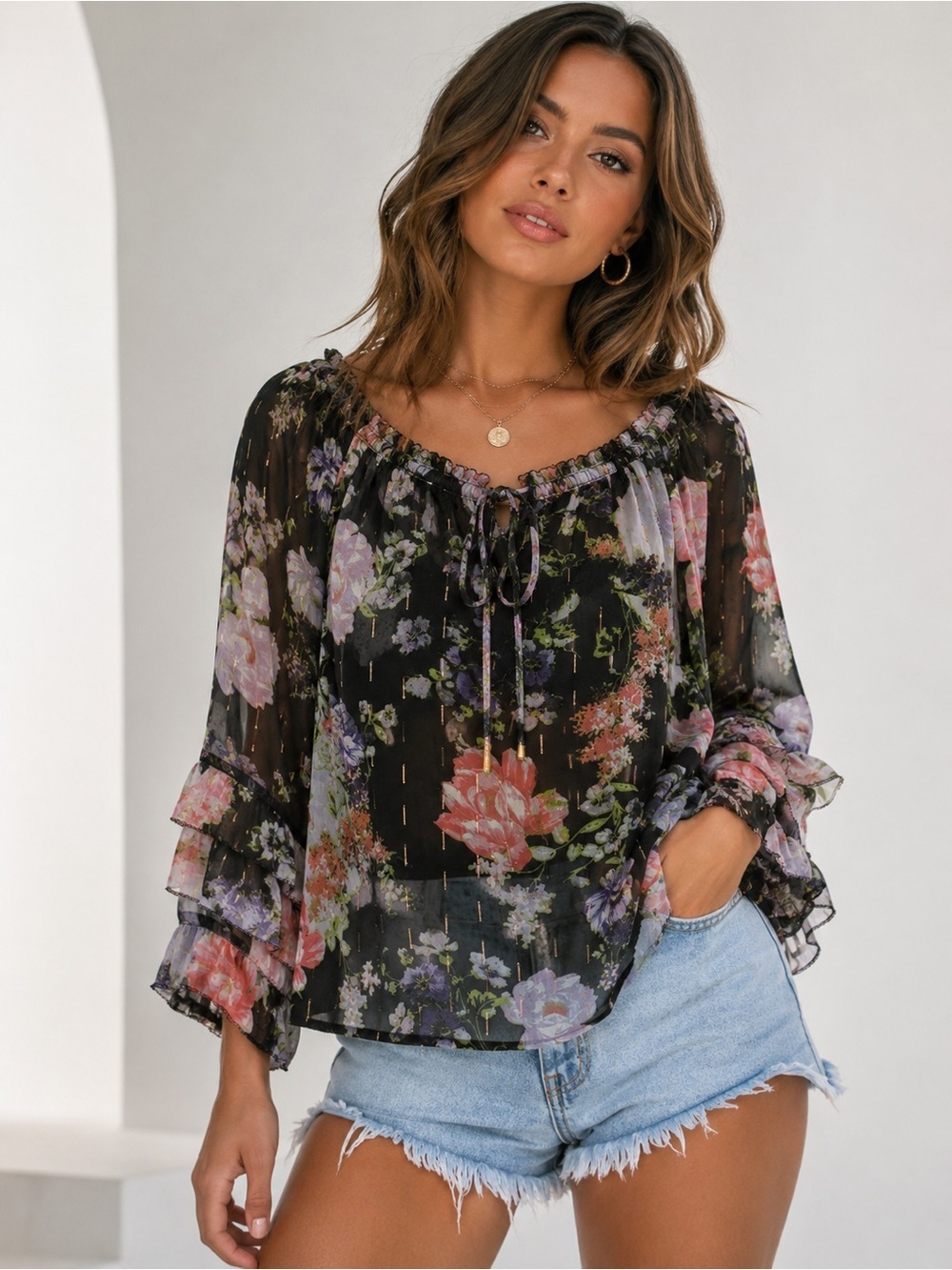 Floral Sheer Peasant Blouse - Black